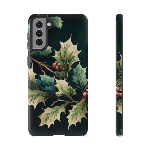 Dark Green Festive Holly in Watercolor - Impact Resistant Phone Case Samsung Galaxy S21 Plus Glossy